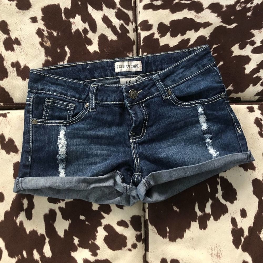 Free Culture Distressed Dark Blue Jean Shorts